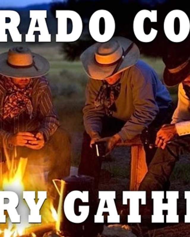 Cowboys gather around a campfire in an image for the Colorado Gowboy Gathering. The Gathering has celebrated the cowboy life and culture, and our all-star cast and award-winning cowboy poets and musicians have, over the years come from all over the world.