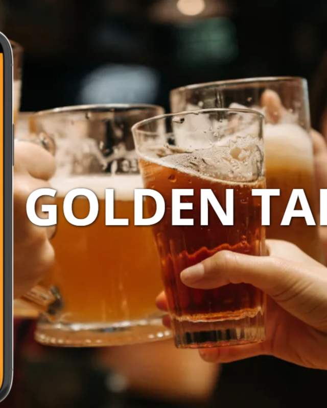 Golden Tap Trail Mobile App on a smartphone with a group cheers in the background