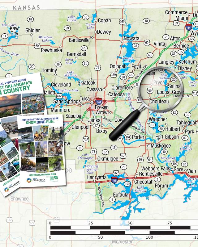 Map of Northeast Oklahoma with guides and looking glass
