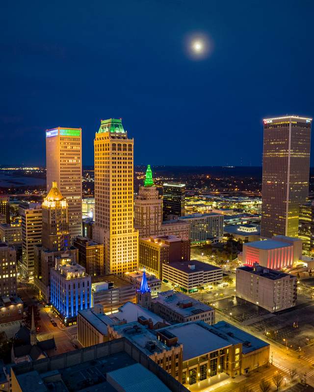 Tulsa Skyline at night with moon