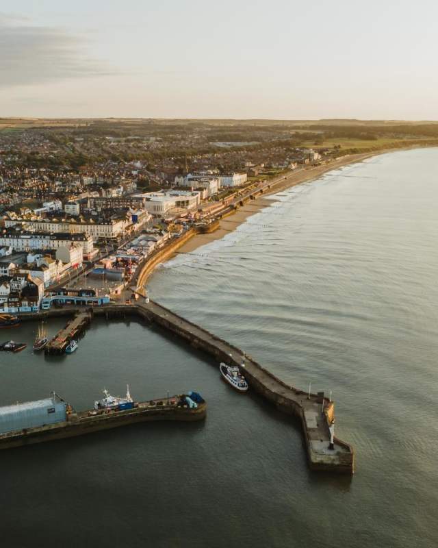 Drone shot of Bridlington at sunset