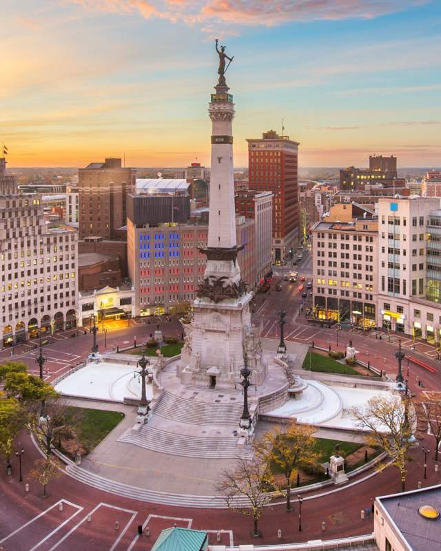 Monument Circle, home to the Soldiers and Sailors Monument, sits at the heart of downtown Indy.