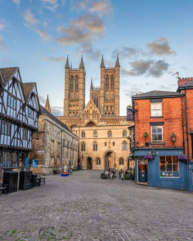 The view across Castle Square with historic buildings and Lincoln Cathedral in the background