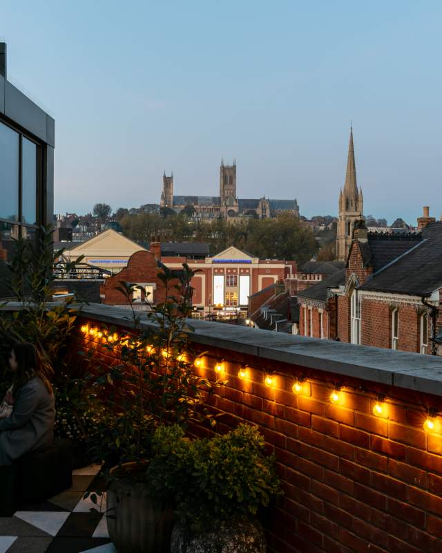 The view from the Everyman Cinema balcony, looking over the Cornhill Quarter with Lincoln Cathedral in the background