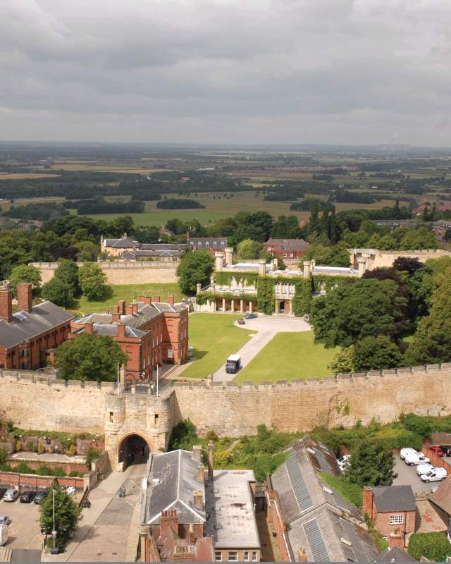 Lincoln Castle grounds from the air on a cloudy day