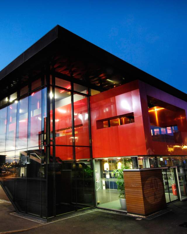Exterior of the engine shed at night