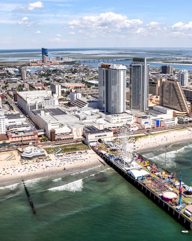 Aerial of Shoreline, Boardwalk, and City