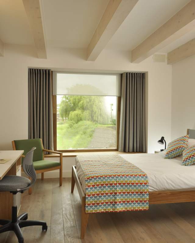 A double bedroom at Cowan Court, Churchill College, Cambridge