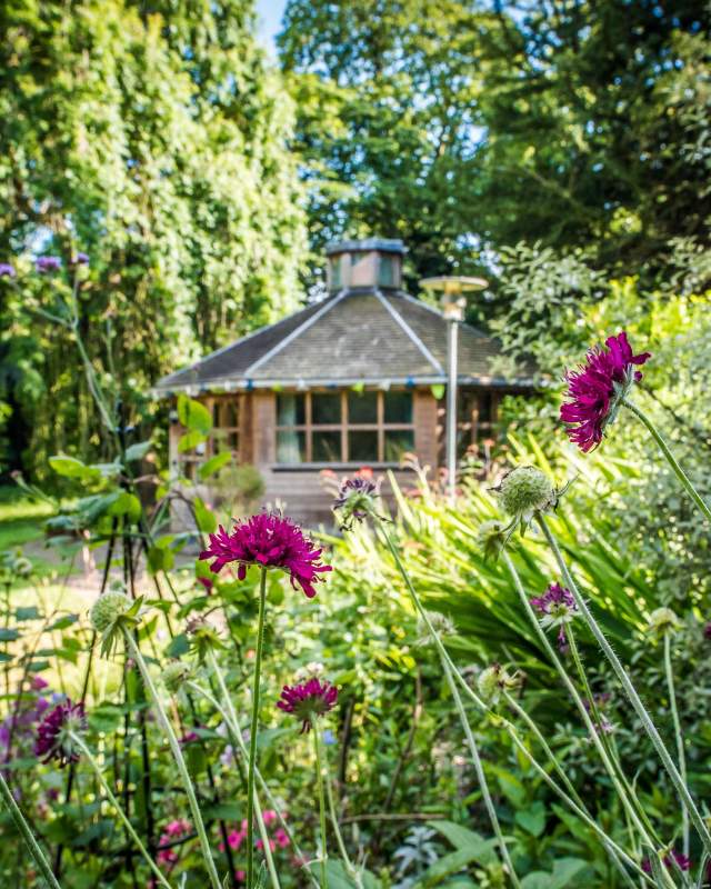 A summerhouse in the garden at Lucy Cavendish College, Cambridge