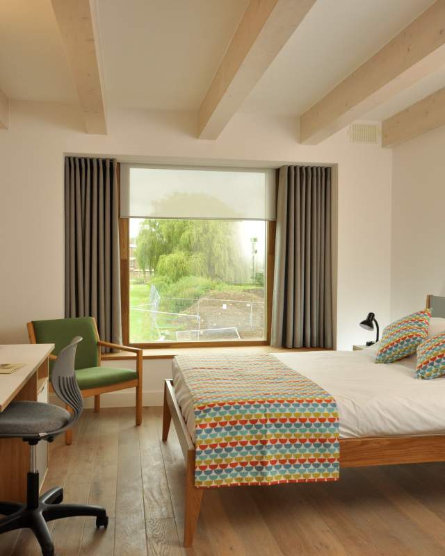 A double bedroom at Cowan Court, Churchill College, Cambridge