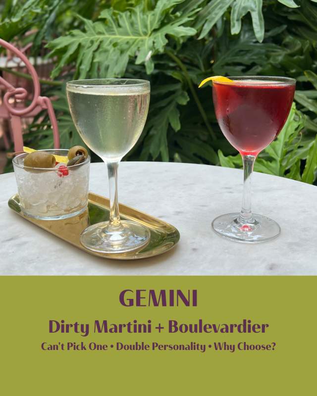 New Orleans Cocktail Astrology: Gemini - Dirty Martini + Boulevardier