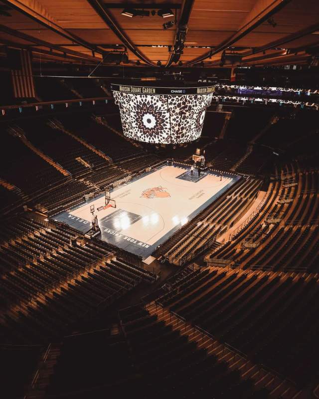 Angle view of the New York Knicks homecourt at Madison Square Garden