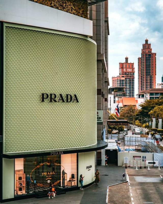 Modern prada building on a city street corner