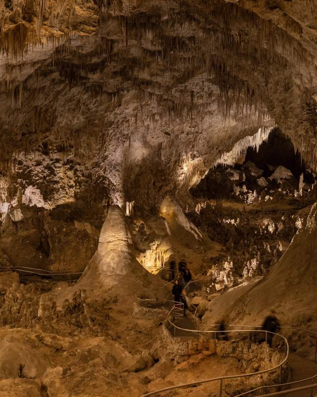 A high viewpoint affords visitors a quarter-mile-long glimpse into the Big Room’s ornate features at Carlsbad Caverns National Park.