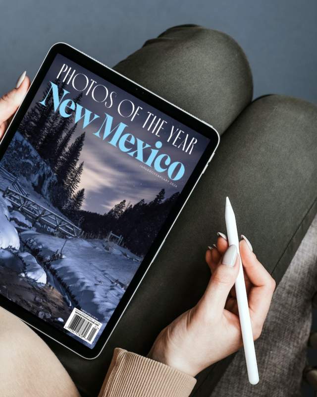 Woman sitting on a chair and reading New Mexico Magazine on her iPad.