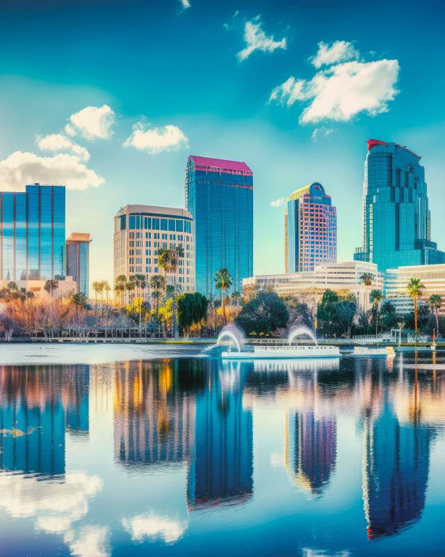 Downtown Orlando, Florida skyline with tall buildings.