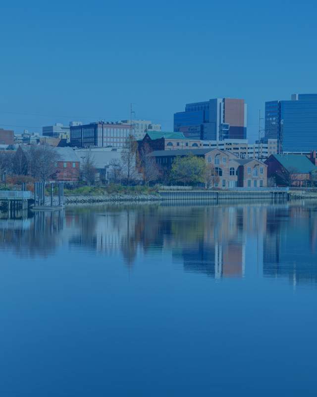 Wilmington, Delaware skyline with downtown buildings.