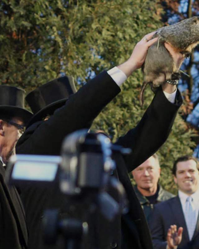 Man holding up a groundhog / groundhog day