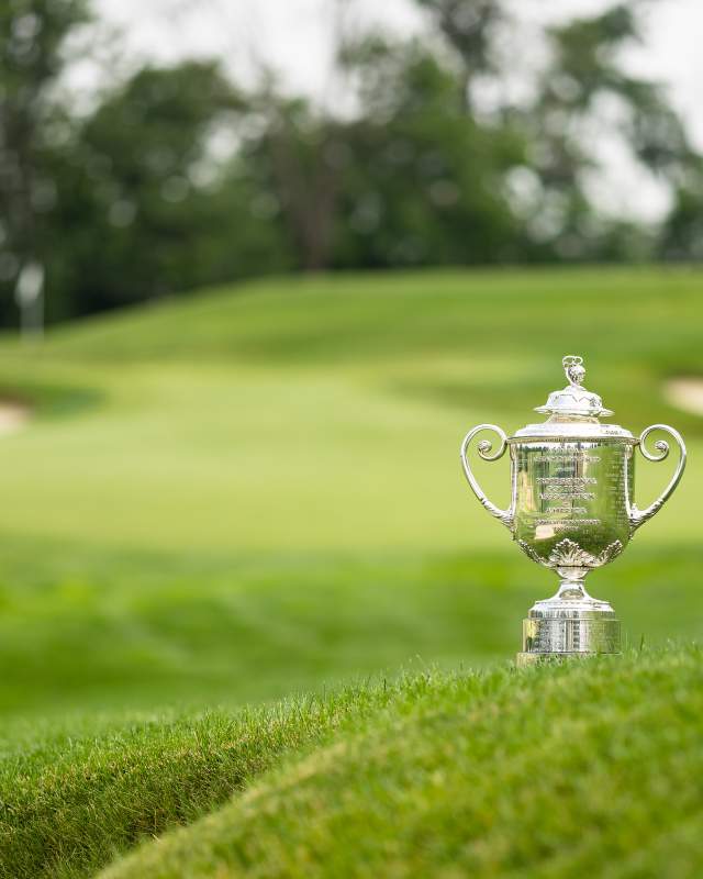 The Wanamaker Trophy sitting on the fairway of Aronimink Golf Course in Newtown Square