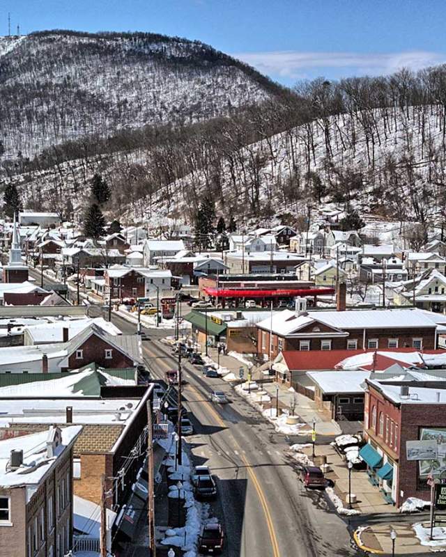 Aerial view of a snow covered town in the Alleghenies in Pennsylvania