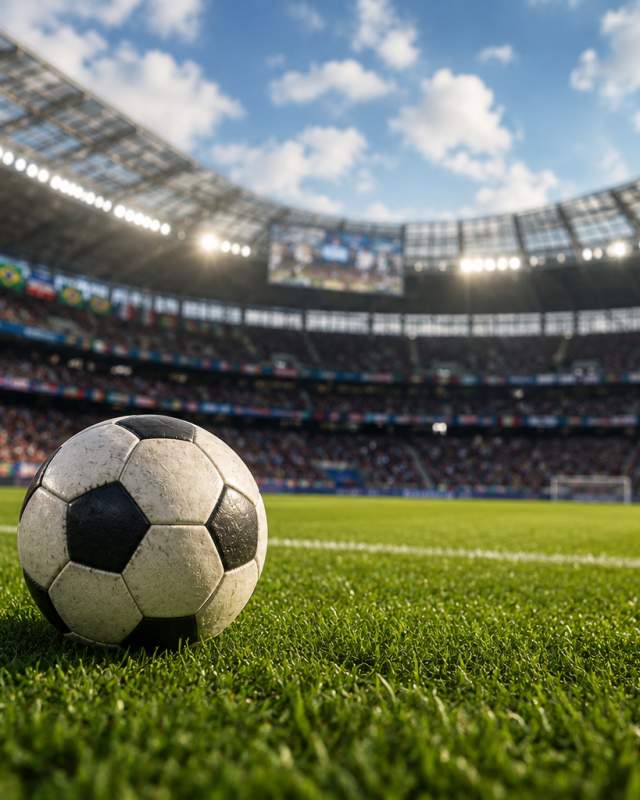 A soccer ball sits in an open-air arena, with fans and an array of national flags in the background.