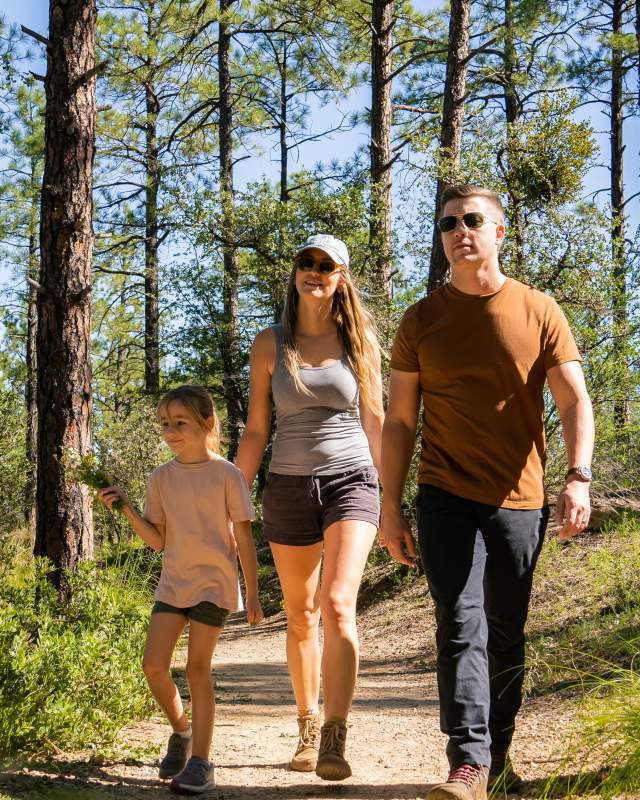a family hiking through the forest
