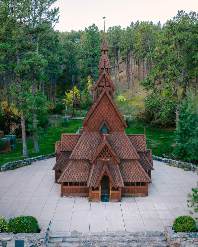 norwegian chapel surrounded by forest in rapid city, sd