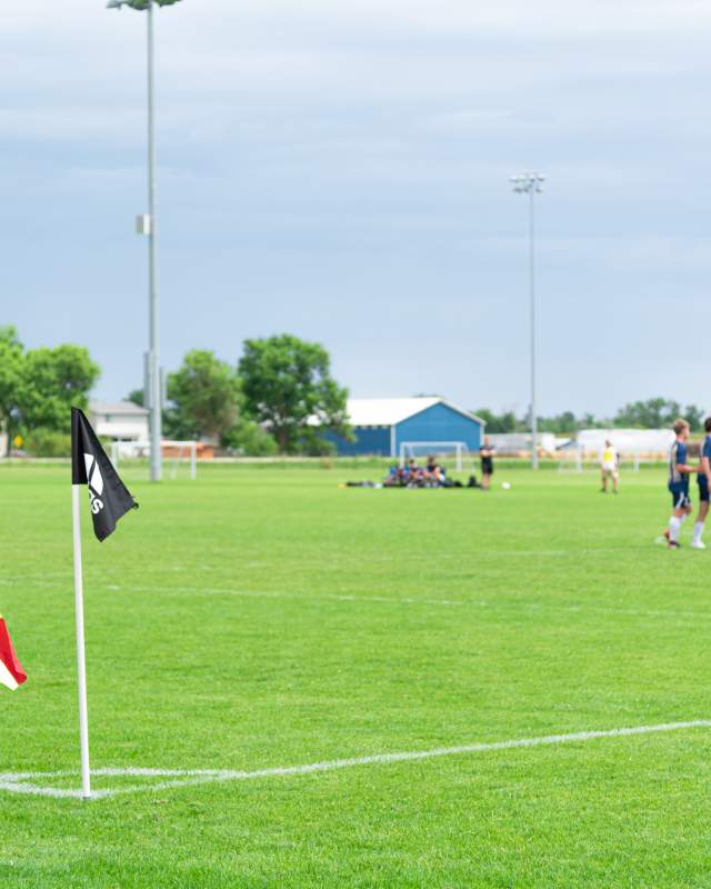 Assistant referee standing at the corner of a green soccer field holding a flag, with players gathered in the distance near midfield under a cloudy sky and stadium lights.