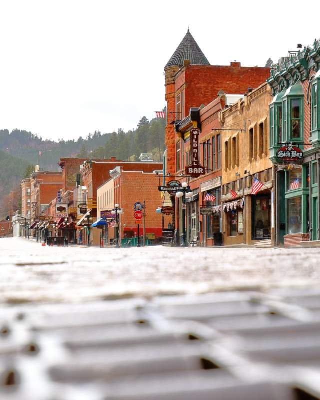 low view of the street and the historical buildings on main street deadwood.
