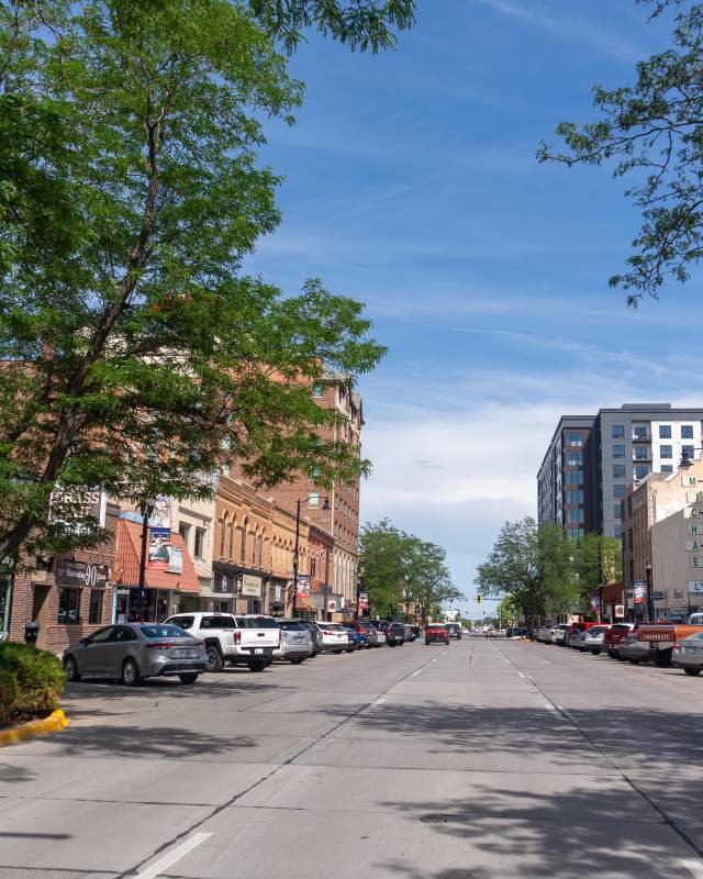 A vibrant city street under a clear blue sky. Lined with trees, cars, and historic brick buildings, evoking a lively and inviting small-town charm.