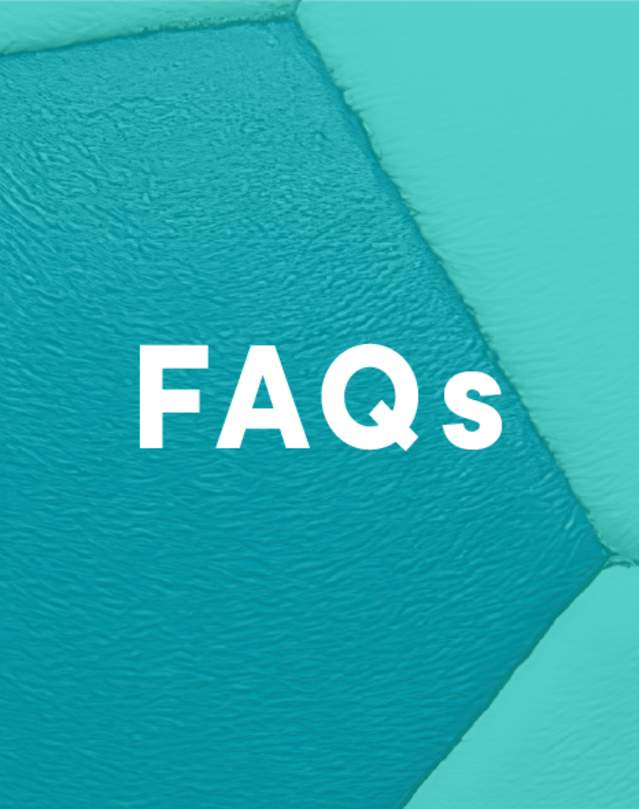 a blue and turquoise tinted graphic pattern of a soccer ball with FAQ in white across it.