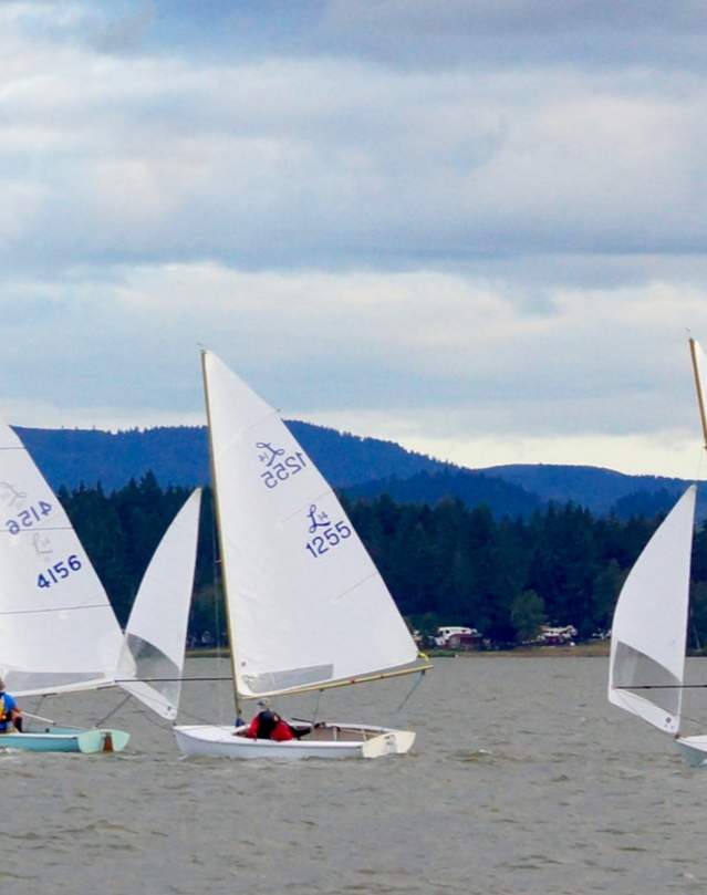 5 Lido 14 Class Sailboats in a row on the water
