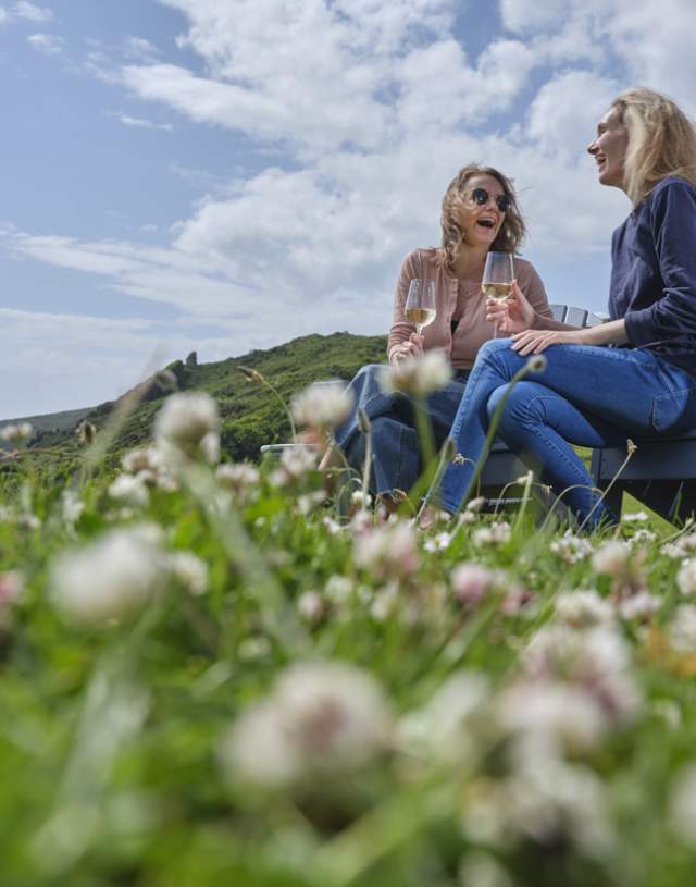Two women relax on a bench in a colorful flower field, sharing a serene moment in nature.