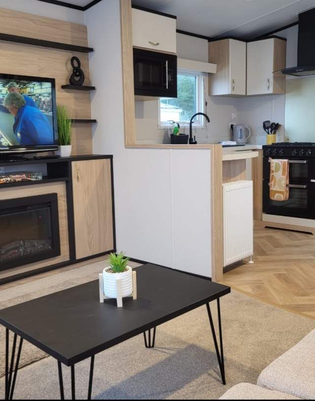 Modern living room and kitchen with neutral tones. Wall-mounted TV above an electric fireplace, black coffee table with plant, cosy and inviting space