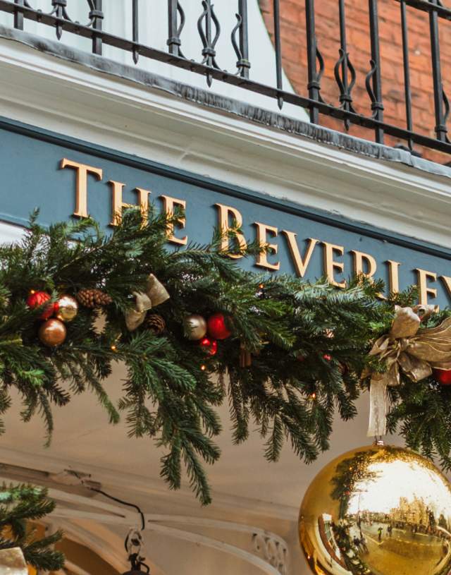 An exterior shot of the Beverley Arms decorated for Christmas