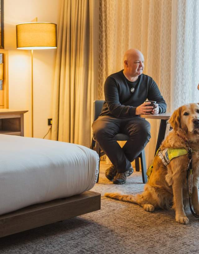 2 people sat at a small table next to a bed, inside a room in the DoubleTree by Hilton in Hull. Between them sits a guide dog.
