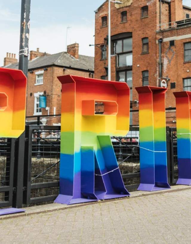 Tall letters spelling Pride sit in the quayside in Hull.