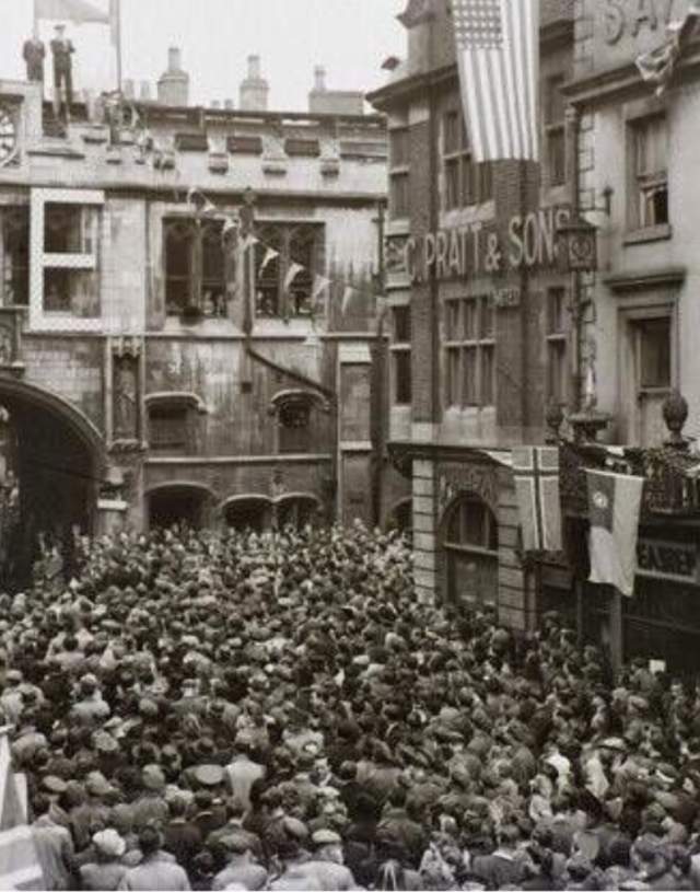 VE celebration in Lincoln high street black and white with Guildhall in background