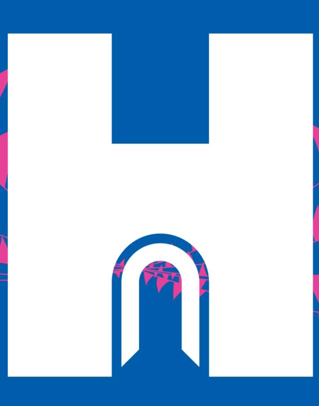 Visit Portsmouth banner for Heritage Open Days featuring a white 'H' logo over a blue background with pink bunting
