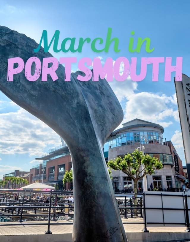 Photograph of the 'Whale Tail' sculpture in Gunwharf Quays, overlaid with the text: 'March in Portsmouth'