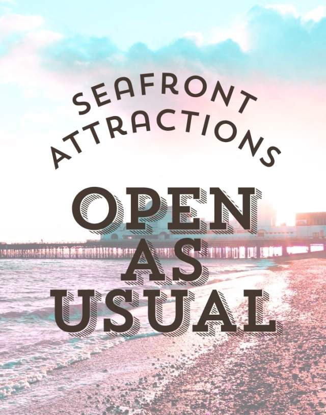Edited image of South Parade Pier, overlaid with the words: Seafront Attractions Open as Usual