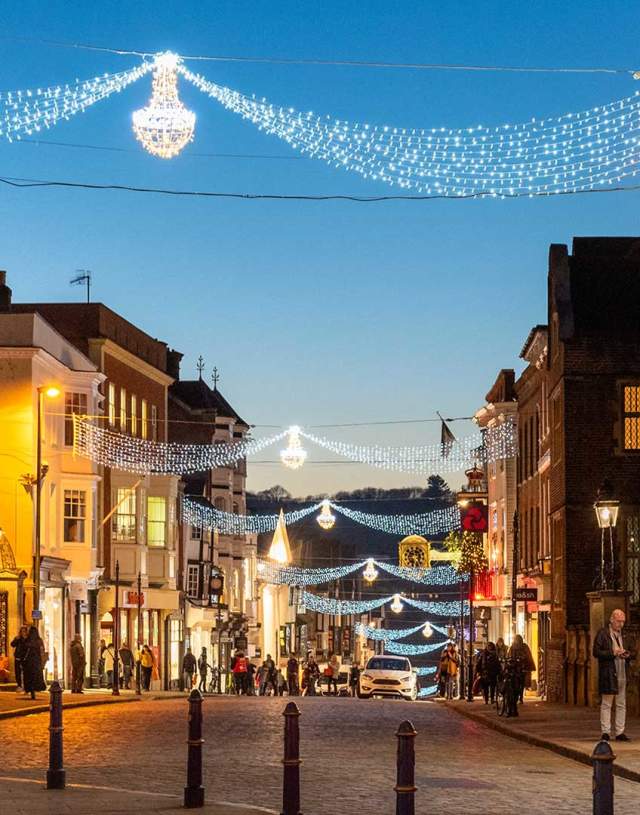 Guildford high street with Christmas lights