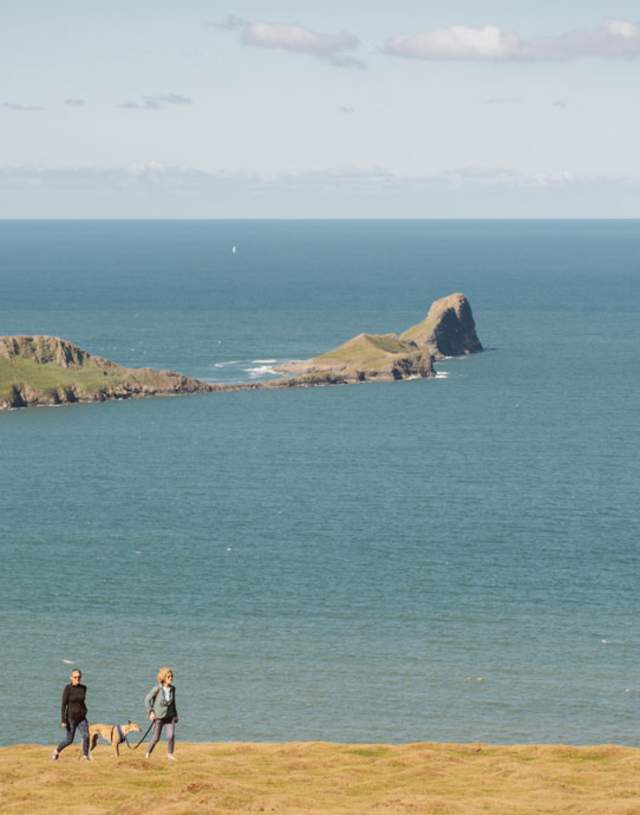 Couple walking with their dog along the rhossili bay coast