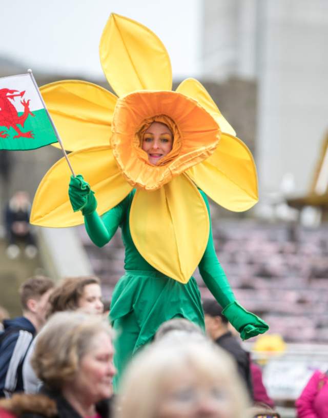 A woman dressed as a large daffodil.