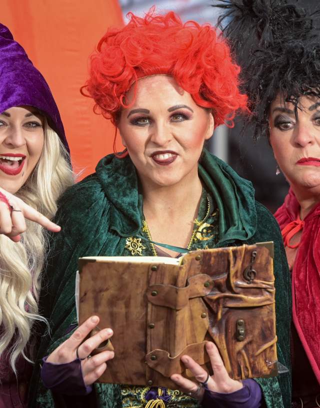 Wicked witches in costume reading a spell book