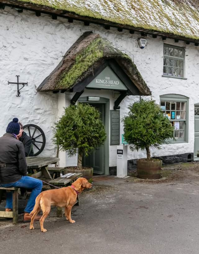 Table of men and a dog sat outside a thatched pub in winter