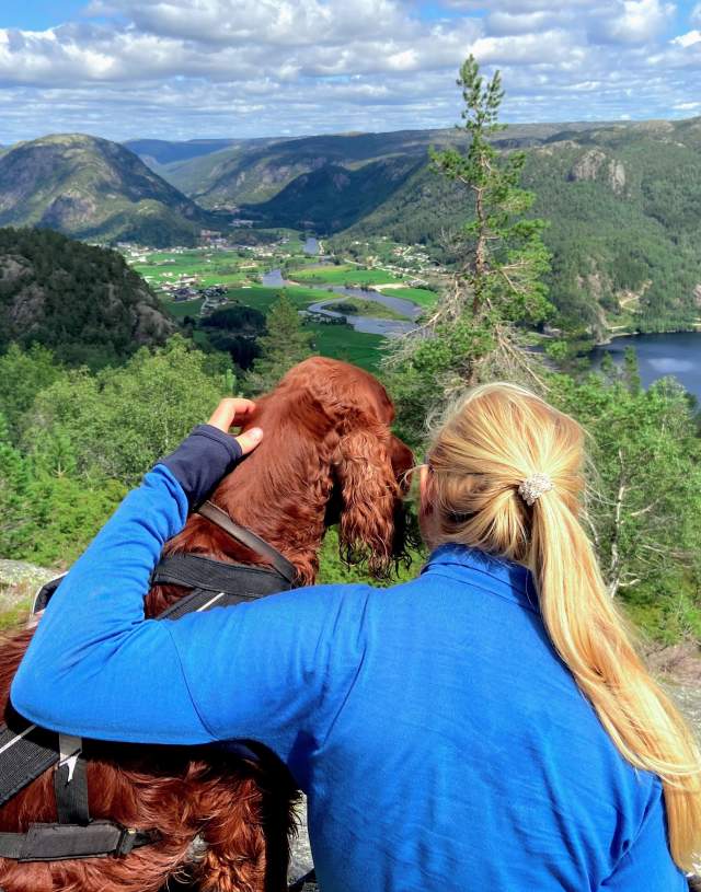 Girl and her dog on top of the mountain with view to the valley. Photo