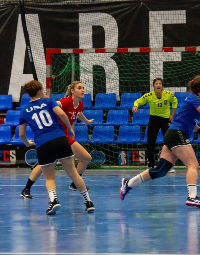 Team USA faces off against Team Canada during a women's team handball match at Lansing City Arena.