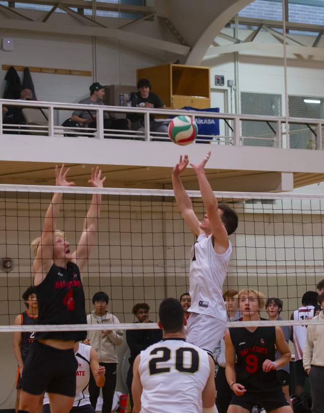 Person trying to hit a volleyball over a net