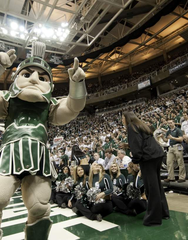 Sparty mascot on the Breslin Center court
